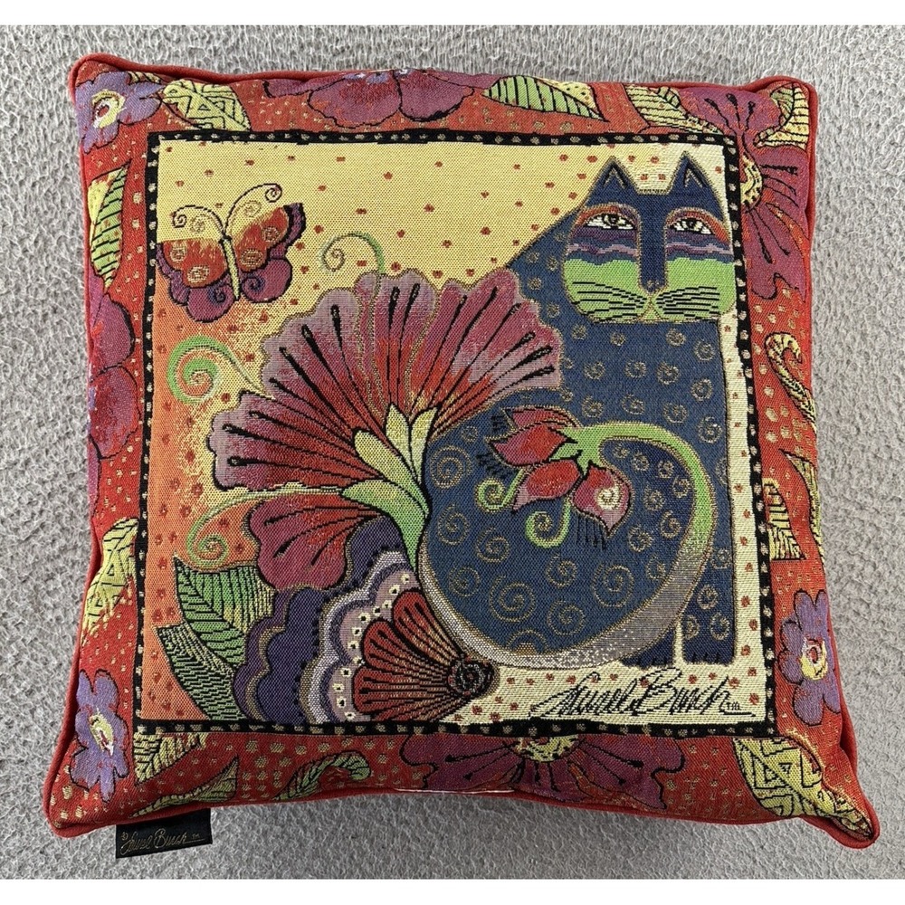 Laurel Burch Cat Tapestry Pillow 18x18 Accent Colorful Signed‎ Whimsical Velvet